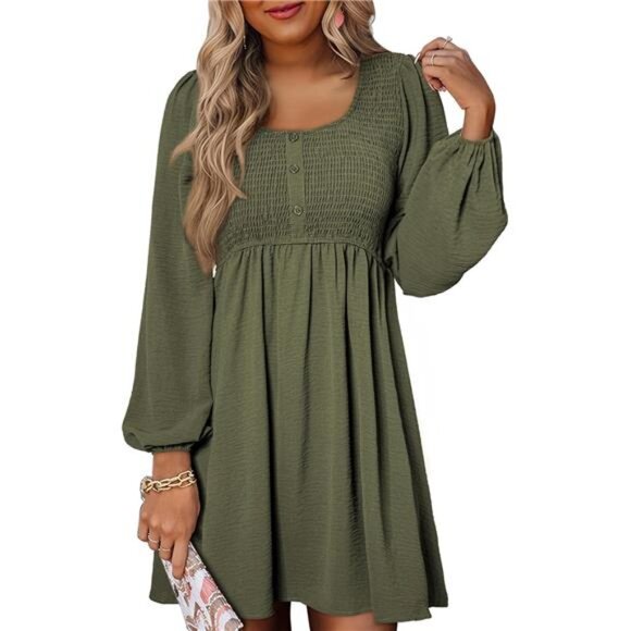 Women's 2024 Casual Smocked Crewneck Button-Up Long Sleeve Mini Dress, Green - Picture 1 of 6